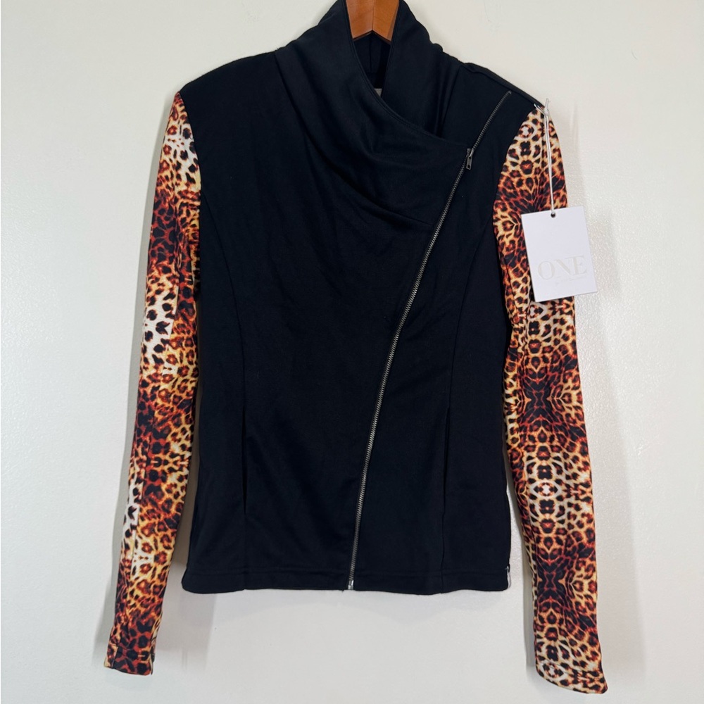 *NWT* One Teaspoon Asymmetrical Black Jacket with Leopard Print Sleeves